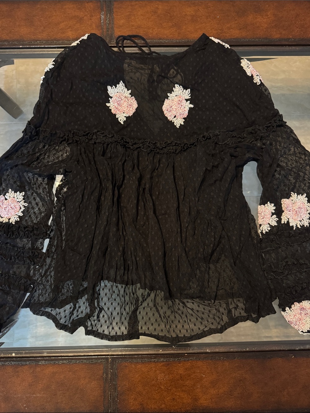 Black Sheer Peasant Tunic with Pink Floral beaded Embroidery